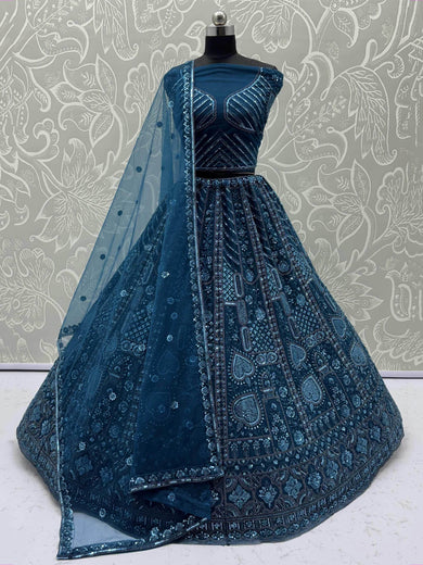 Adorning Blue Net Embroidered Designer Lehenga Choli With Dupatta